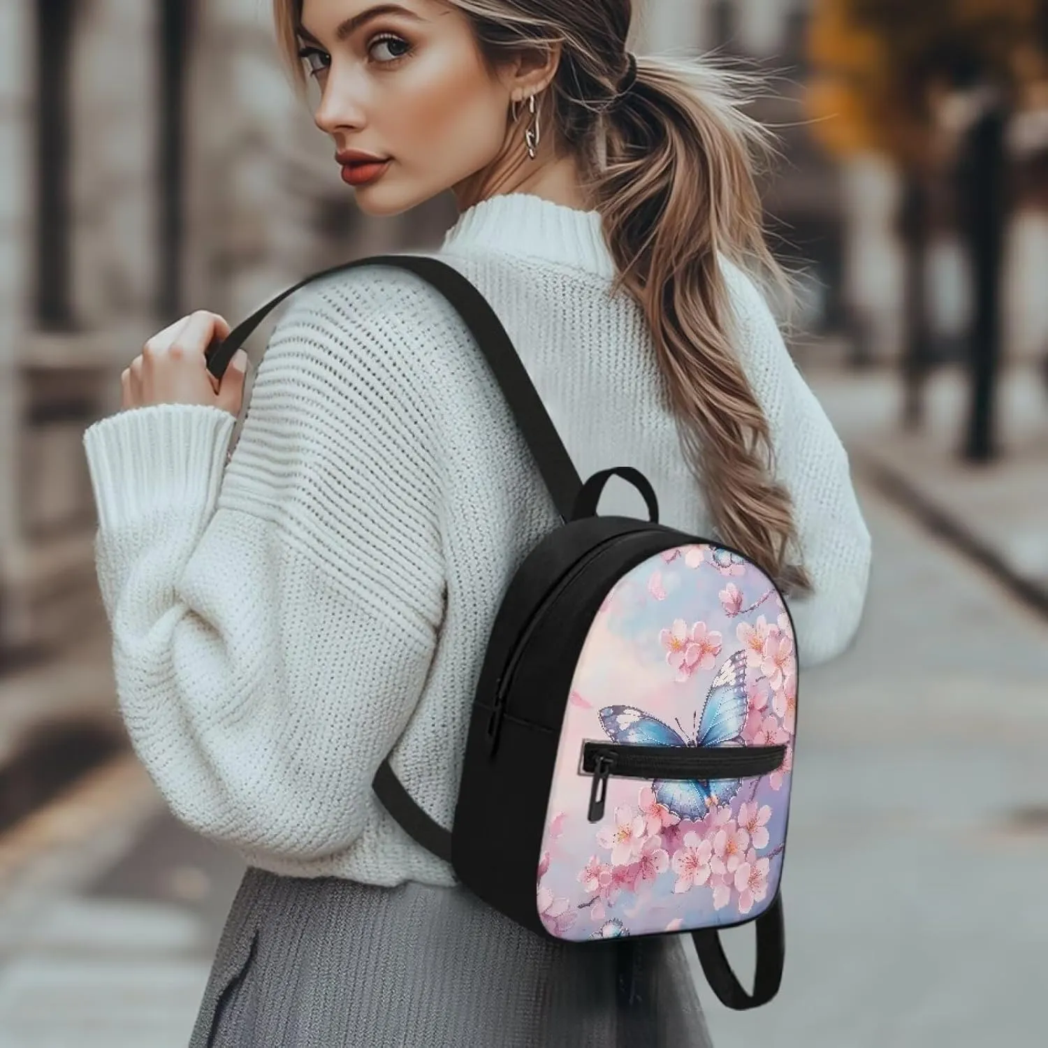HUGS IDEA Cherry Blossom Butterfly Backpack Purse for Women Mini Backpacks for School Water-Resistant Small Back Pack Shoulder Bag for Travel Vacation Daypack Backpack