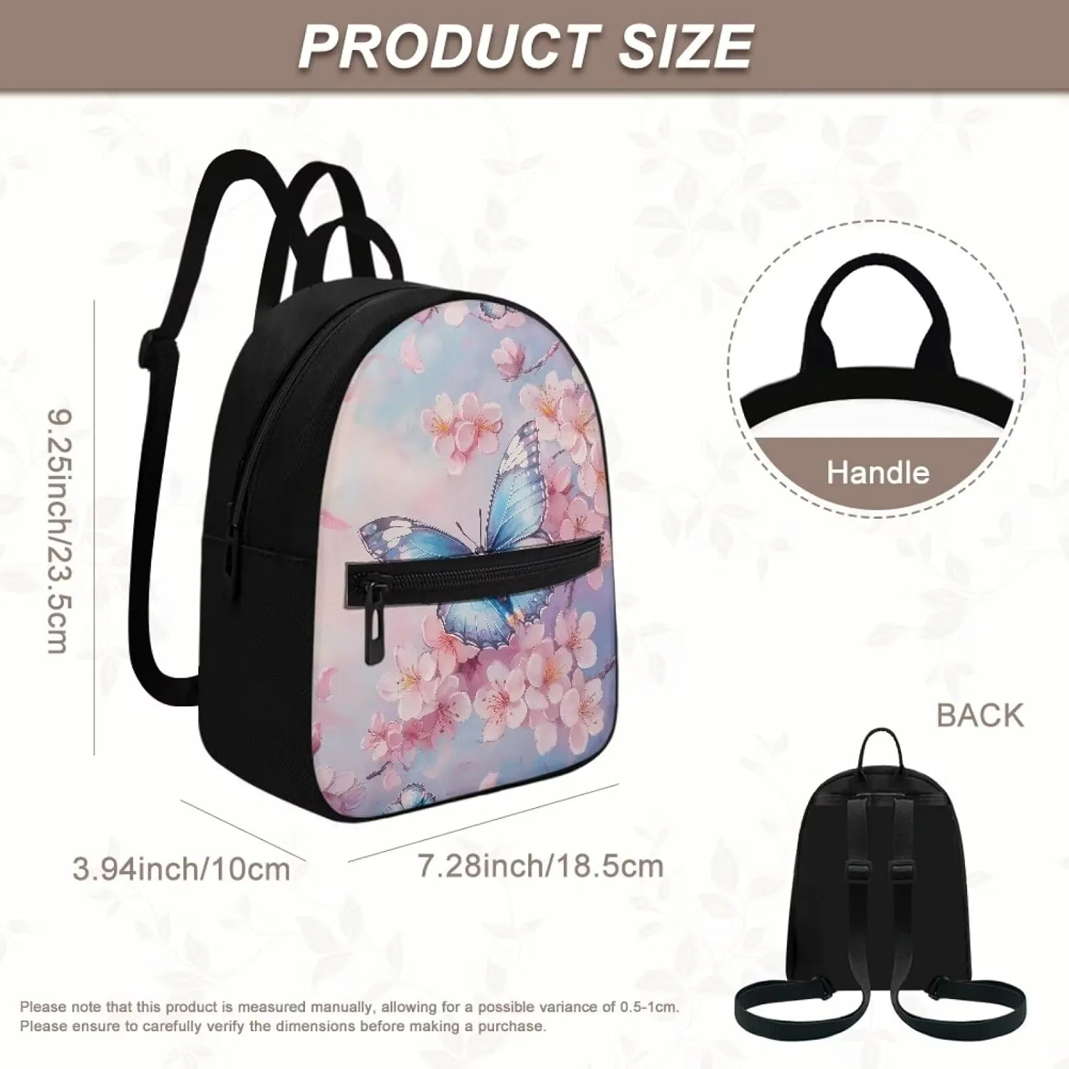 HUGS IDEA Cherry Blossom Butterfly Backpack Purse for Women Mini Backpacks for School Water-Resistant Small Back Pack Shoulder Bag for Travel Vacation Daypack Backpack