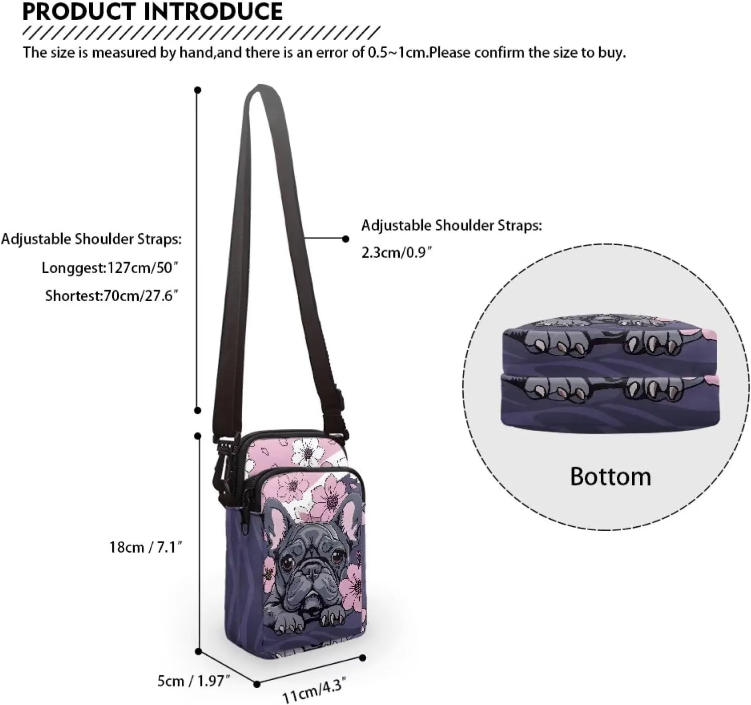 HUGS IDEA Women's Mini Cross Body Bags French Bulldog Floral Print Casaul houlder Handbag Cell phone Pouch Purse for Travel