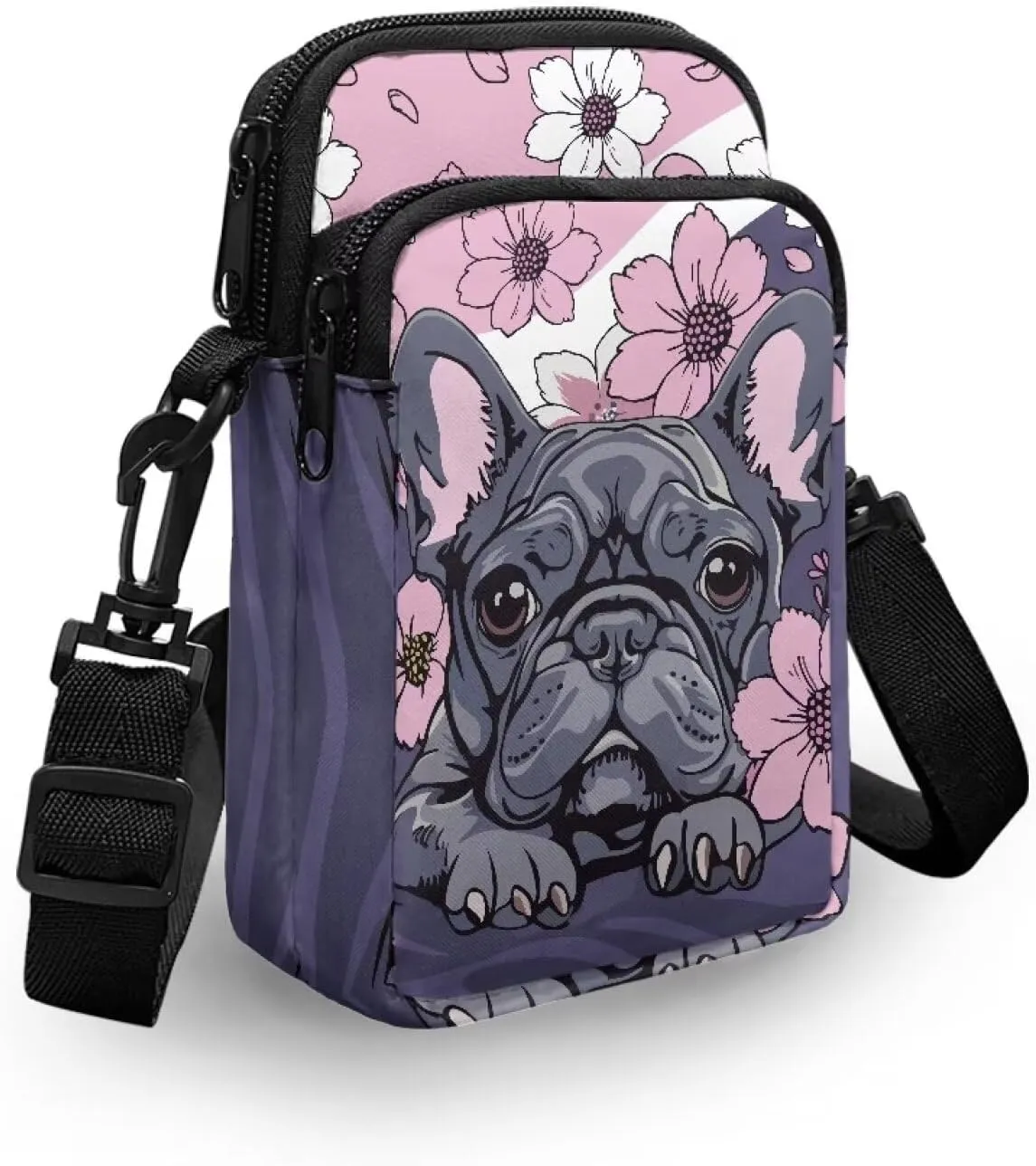 HUGS IDEA Women's Mini Cross Body Bags French Bulldog Floral Print Casaul houlder Handbag Cell phone Pouch Purse for Travel