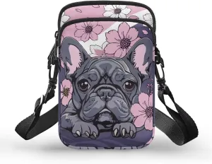 HUGS IDEA Women's Mini Cross Body Bags French Bulldog Floral Print Casaul houlder Handbag Cell phone Pouch Purse for Travel