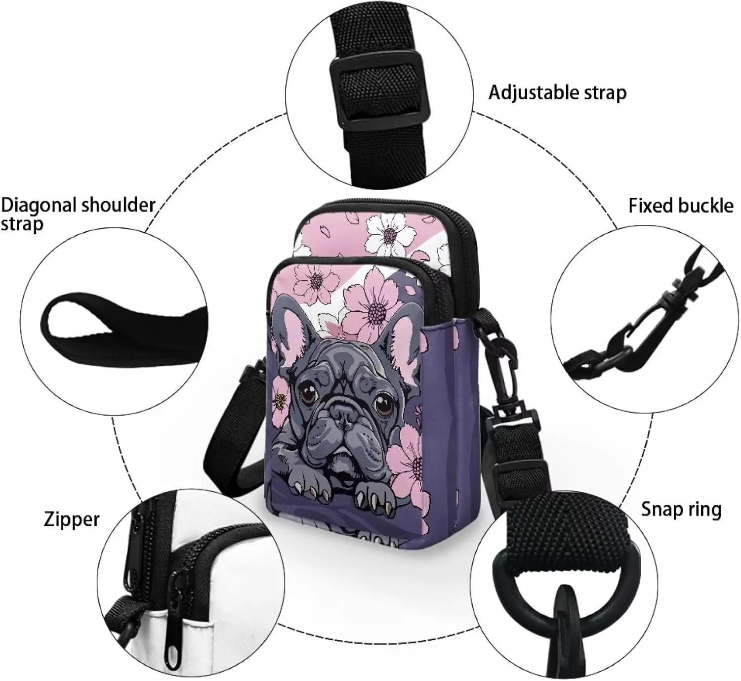 HUGS IDEA Women's Mini Cross Body Bags French Bulldog Floral Print Casaul houlder Handbag Cell phone Pouch Purse for Travel