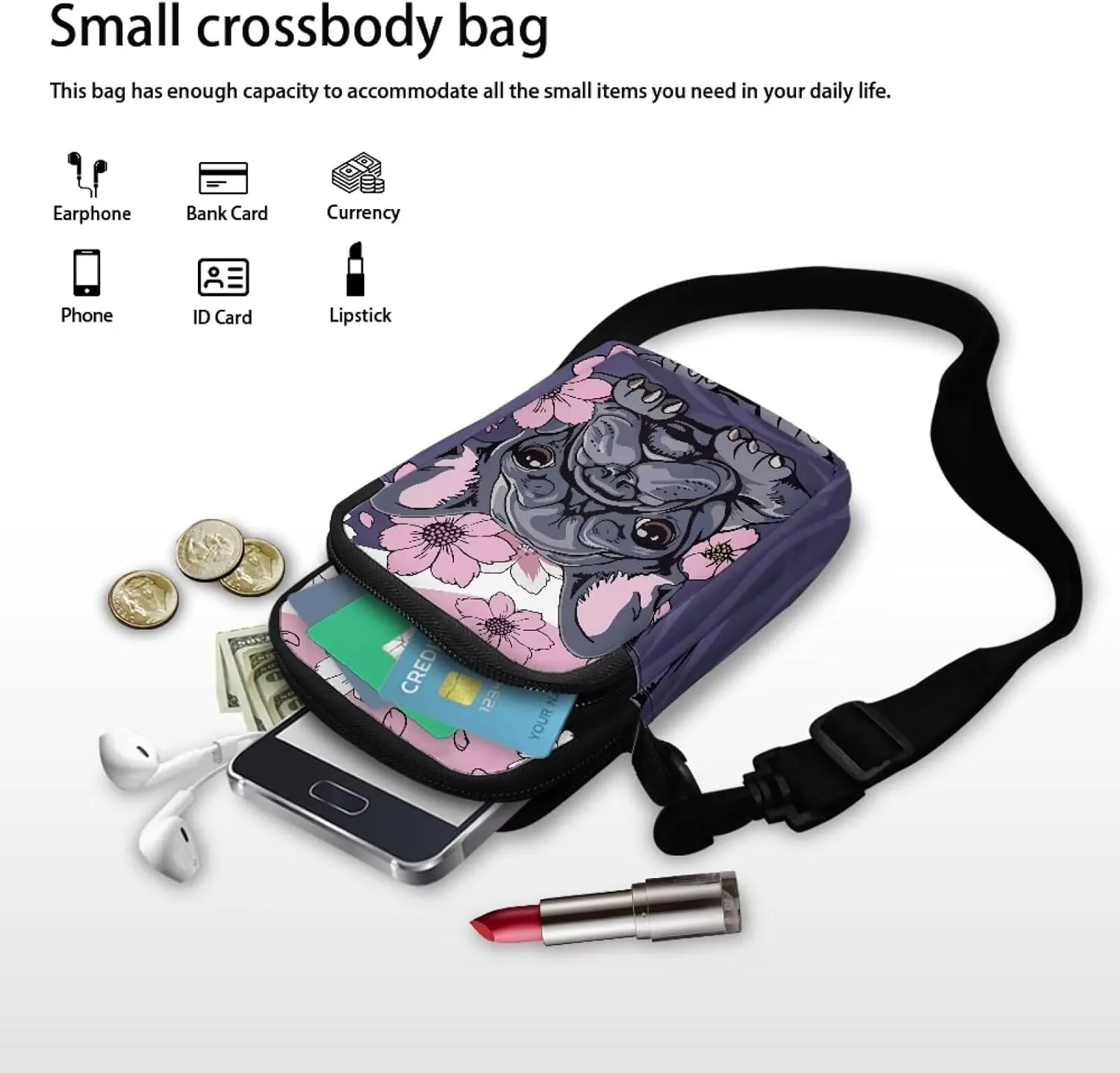 HUGS IDEA Women's Mini Cross Body Bags French Bulldog Floral Print Casaul houlder Handbag Cell phone Pouch Purse for Travel