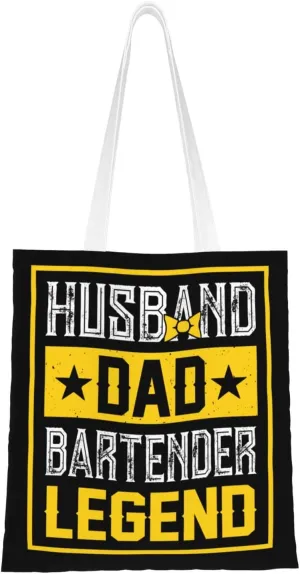 Husband Dad Bartender Legend Tote Bag for Women Canvas Shopping Bags Reusable Large Capacity Casual Shoulder Handbags Grocery Bags DIY Gift Bags