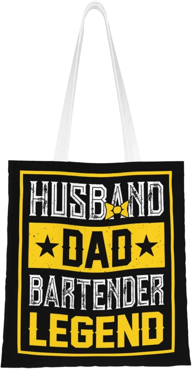 Husband Dad Bartender Legend Tote Bag for Women Canvas Shopping Bags Reusable Large Capacity Casual Shoulder Handbags Grocery Bags DIY Gift Bags