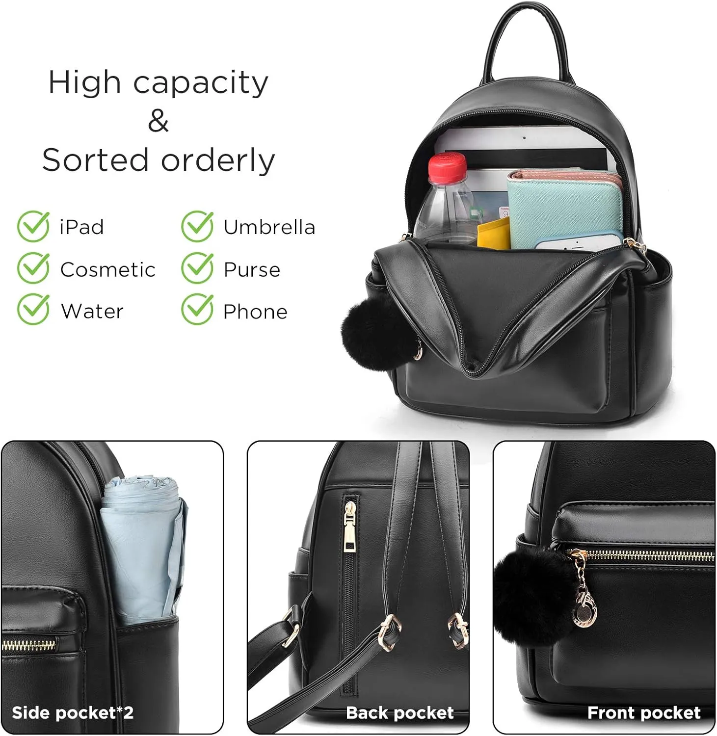 I IHAYNER Girls Fashion Backpack Purse Leather Mini Backpack Purse for Women Satchel School Bags with Pompom Travel Daypacks