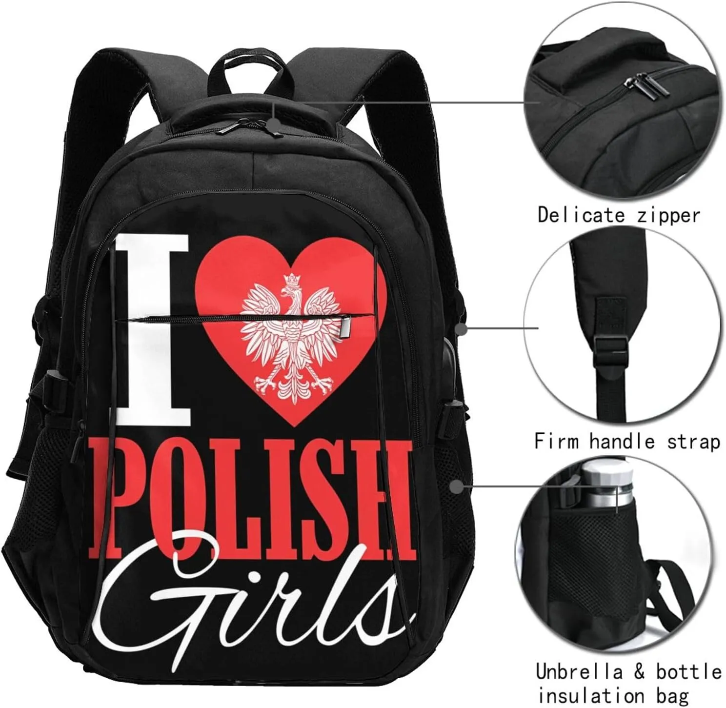 I Love Polish Womens Casual Travel Backpacks Hiking Camping Backpack Large Outdoor Sport Daypack Laptop Rucksack Climbing Working Bags with USB Port
