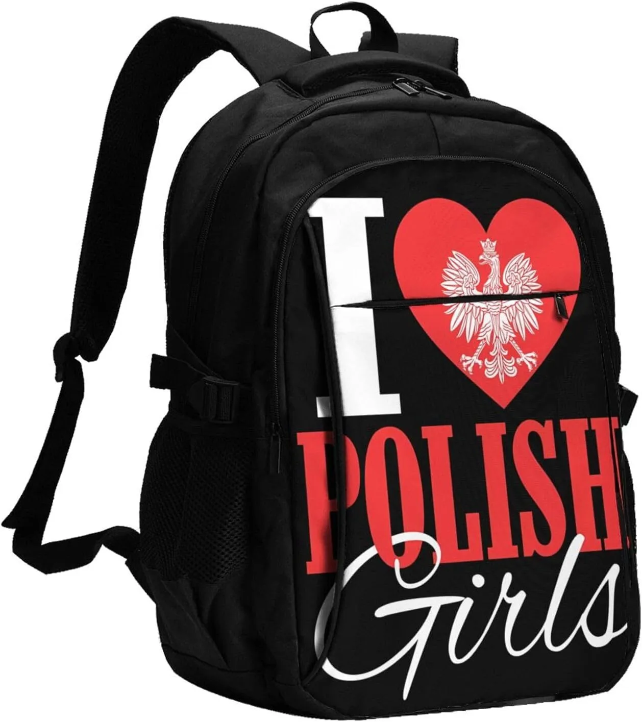 I Love Polish Womens Casual Travel Backpacks Hiking Camping Backpack Large Outdoor Sport Daypack Laptop Rucksack Climbing Working Bags with USB Port