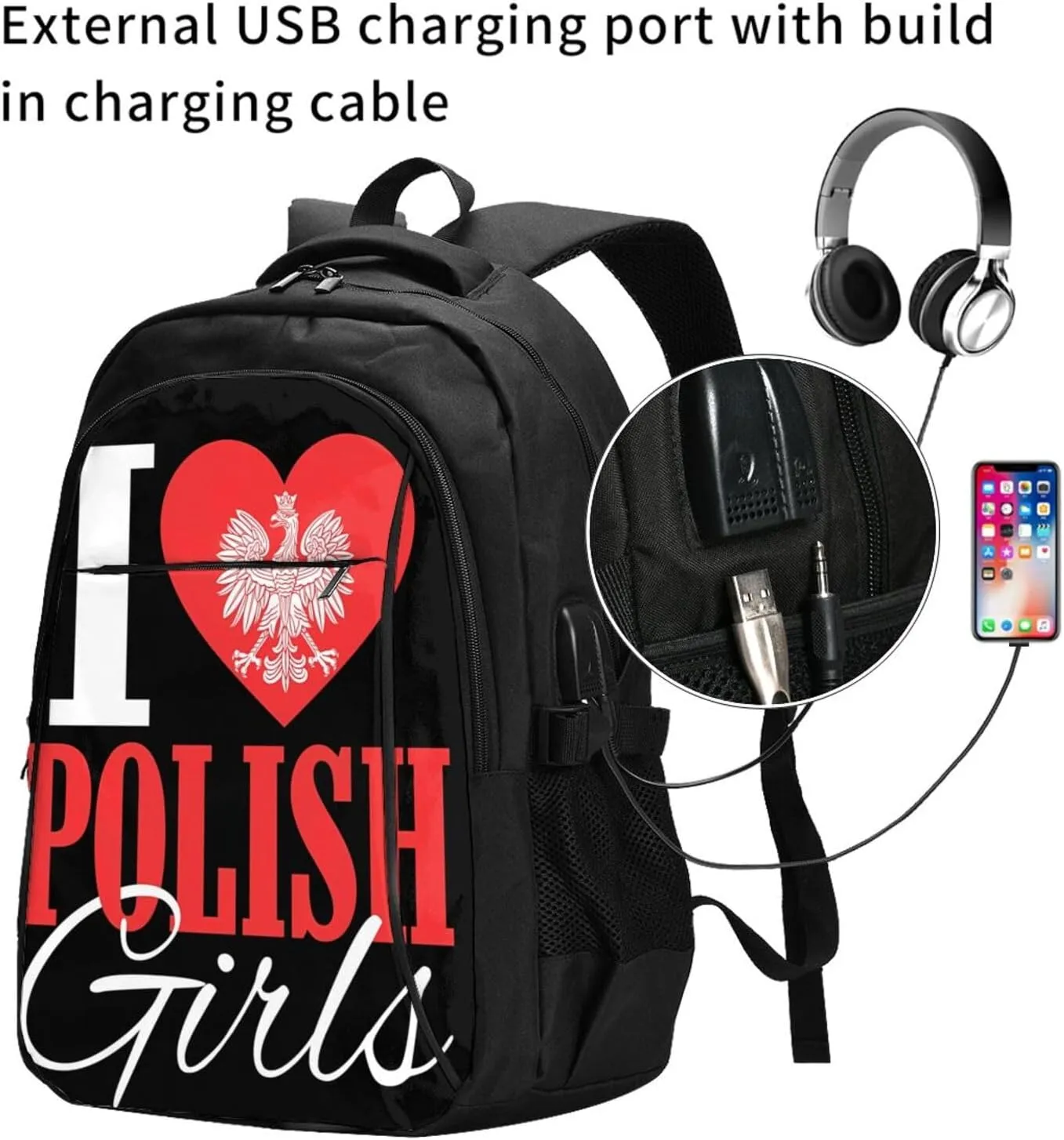 I Love Polish Womens Casual Travel Backpacks Hiking Camping Backpack Large Outdoor Sport Daypack Laptop Rucksack Climbing Working Bags with USB Port