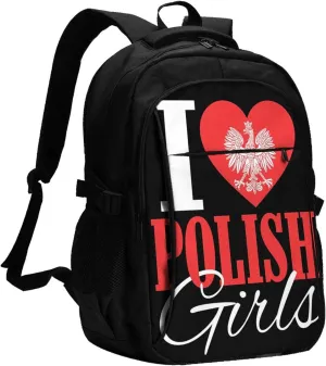 I Love Polish Womens Casual Travel Backpacks Hiking Camping Backpack Large Outdoor Sport Daypack Laptop Rucksack Climbing Working Bags with USB Port
