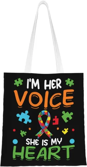 I m Her Voice She Is My Heart Tote Bag for Women Canvas Tote Bags Reusable Shopping Bags Use For Shopping The Tote Bag,Grocery Bags,DIY Gift Bags