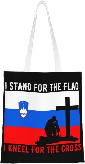 I Stand For The Slovenia Flag And I Kneel For The Cross Tote Bag for Women Canvas Shopping Bags Reusable Large Capacity Casual Shoulder Handbags Grocery Bags