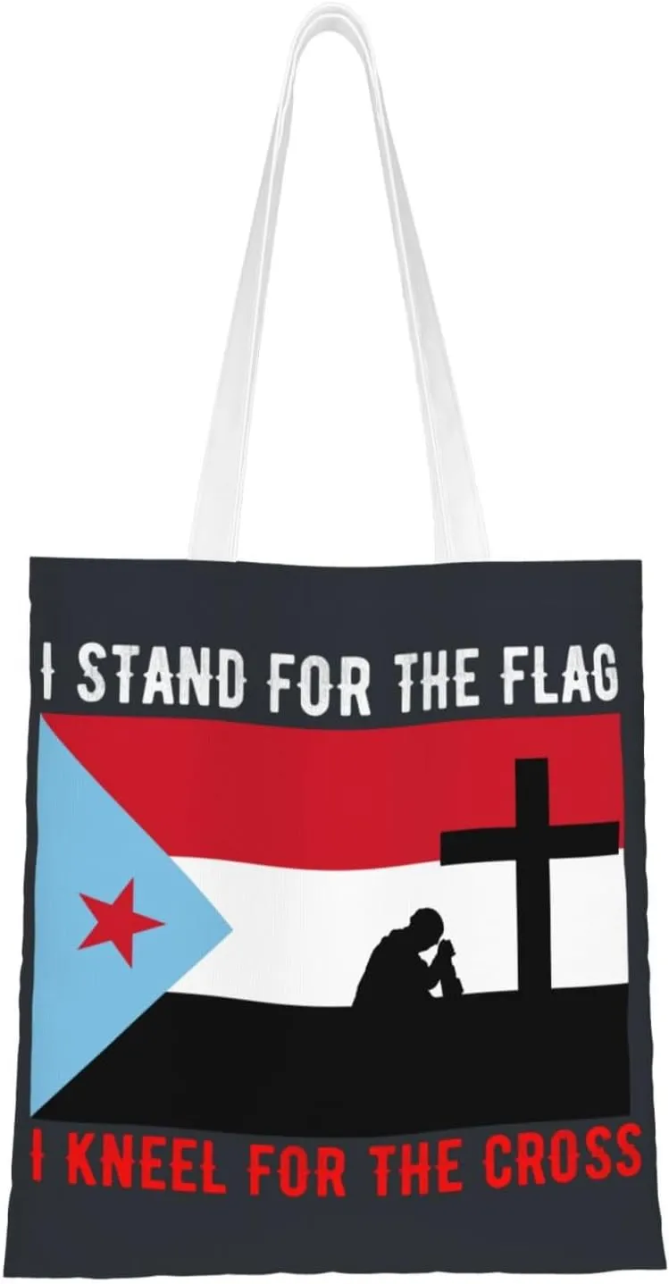 I Stand For The South Yemen Flag And I Kneel For The Cross Tote Bag for Women Canvas Shopping Bags Reusable Large Capacity Casual Shoulder Handbags Grocery Bags DIY Gift Bags