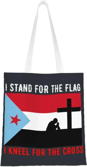 I Stand For The South Yemen Flag And I Kneel For The Cross Tote Bag for Women Canvas Shopping Bags Reusable Large Capacity Casual Shoulder Handbags Grocery Bags DIY Gift Bags