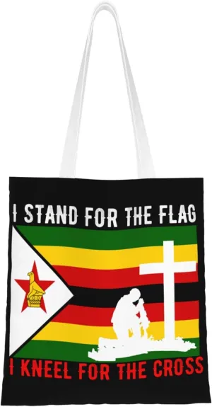I Stand For The Zimbabwe Flag And I Kneel For The Cross Tote Bag for Women Canvas Shopping Bags Reusable Large Capacity Casual Shoulder Handbags Grocery Bags DIY Gift Bags