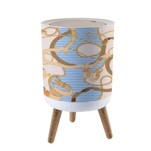 IBPNKFAZ89 Small Trash Can with Lid Baroque Chains and Belts Striped Seamless for Scarf Stock Garbage Bin Wood Waste Bin Press Cover Round Wastebasket for Bathroom Bedroom Office Kitchen