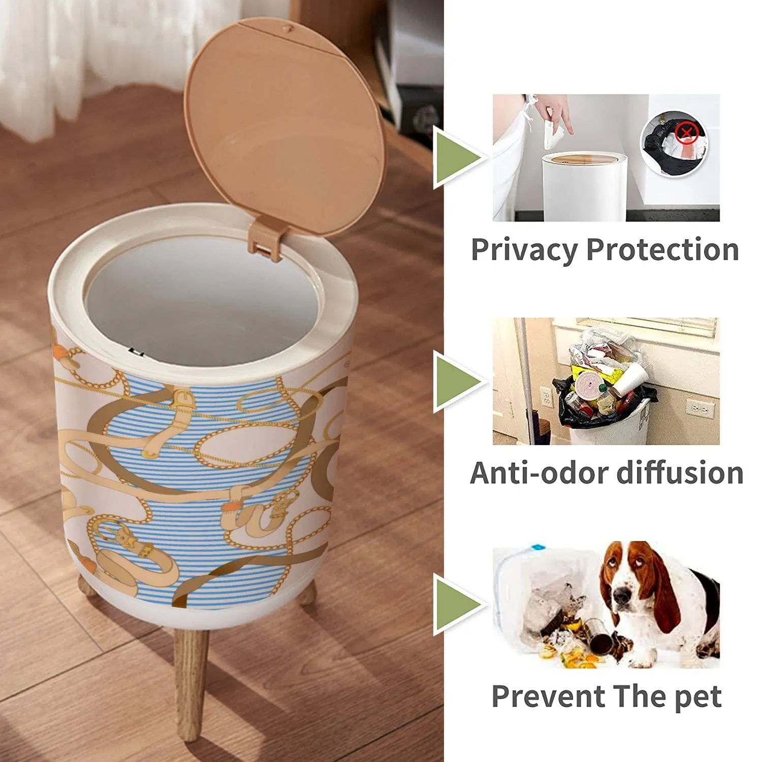 IBPNKFAZ89 Small Trash Can with Lid Baroque Chains and Belts Striped Seamless for Scarf Stock Garbage Bin Wood Waste Bin Press Cover Round Wastebasket for Bathroom Bedroom Office Kitchen