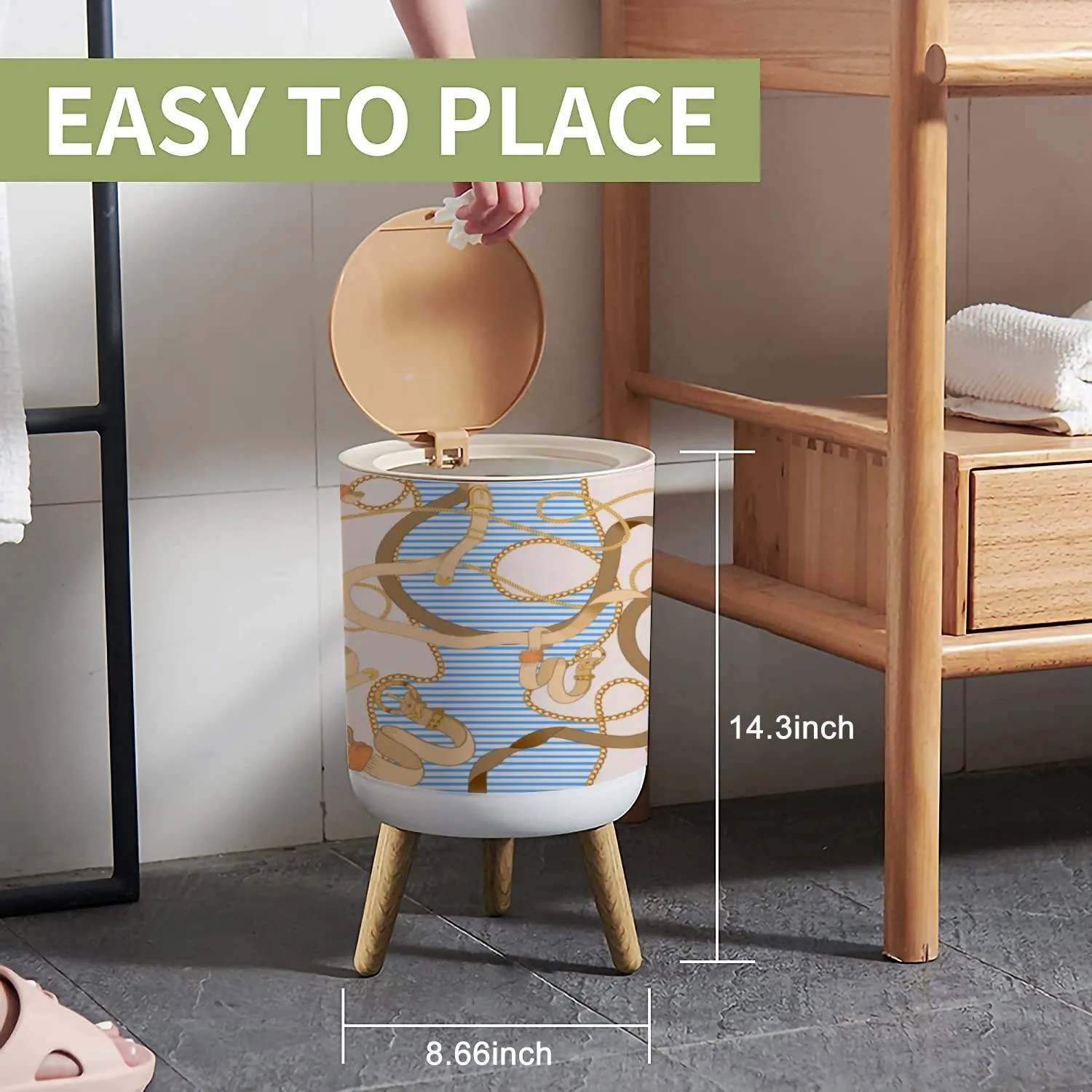 IBPNKFAZ89 Small Trash Can with Lid Baroque Chains and Belts Striped Seamless for Scarf Stock Garbage Bin Wood Waste Bin Press Cover Round Wastebasket for Bathroom Bedroom Office Kitchen