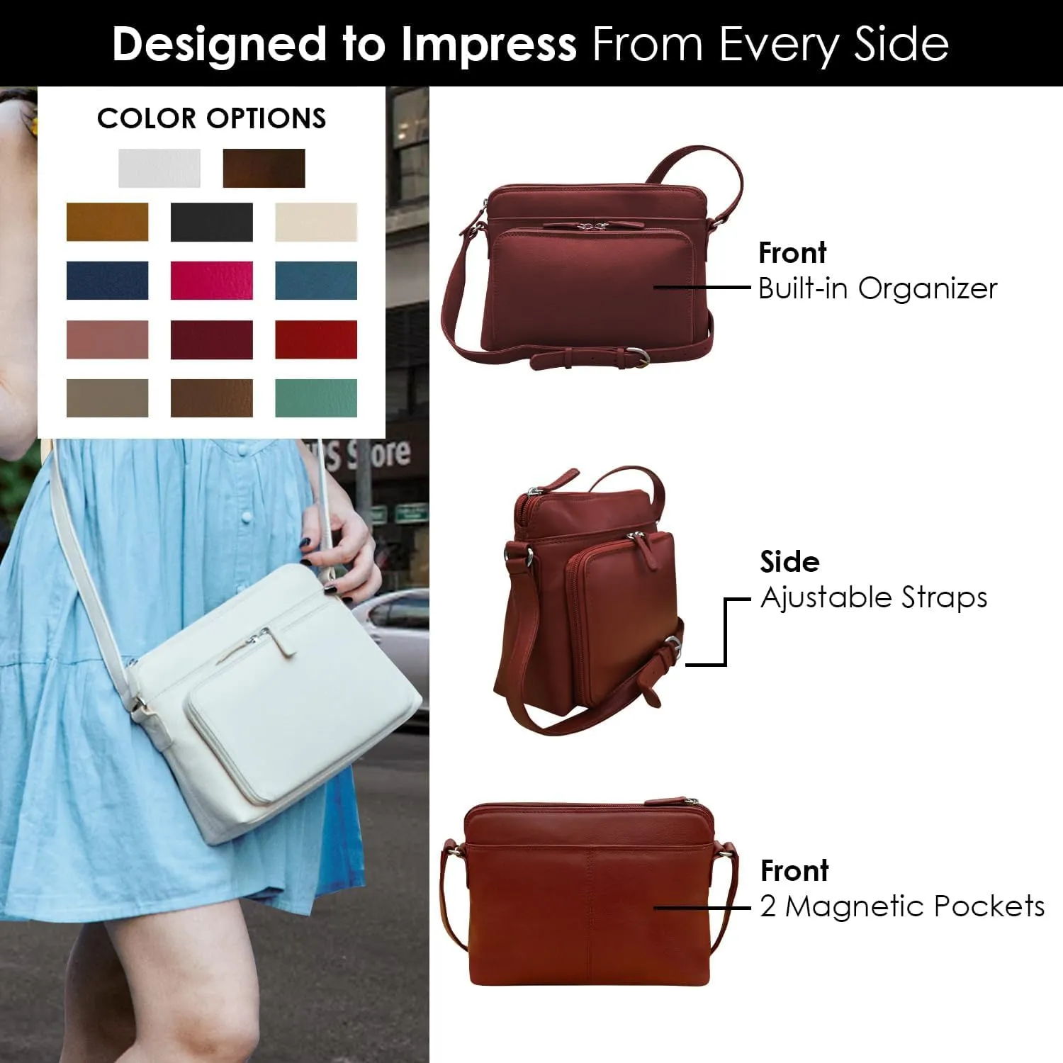 ili New York Genuine Leather Crossbody Bags for Women - Premium RFID Blocking Shoulder Bag Organizer with Adjustable Strap
