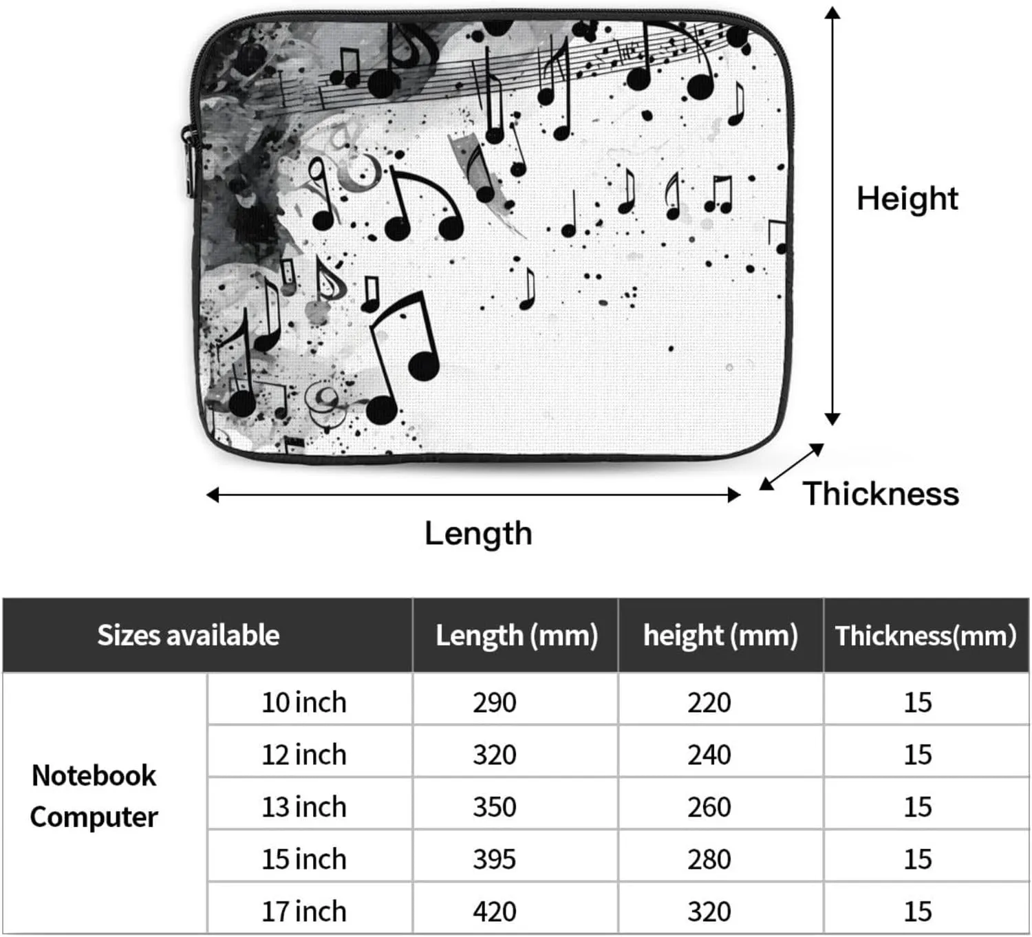 Ink Music Notation Laptop Sleeve 17 inch Shockproof Laptop Case Cover for Tablet MacBook Computer Bag Briefcase