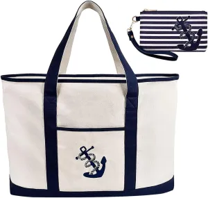 inOne Heavy Canvas Tote Bag Zipper Grocery Shopping Bag and PU Leather Anchor Purse Wristlet Pouch Bundle