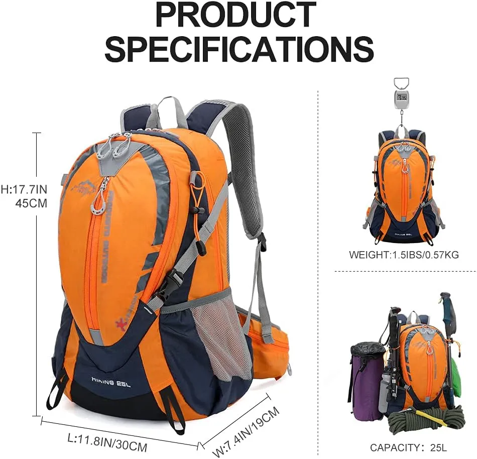 INOXTO Small Hiking Backpack with 2L Water Bladder and Rain Cover, 25L Hydration Backpack Hiking Daypack (Orange blue)