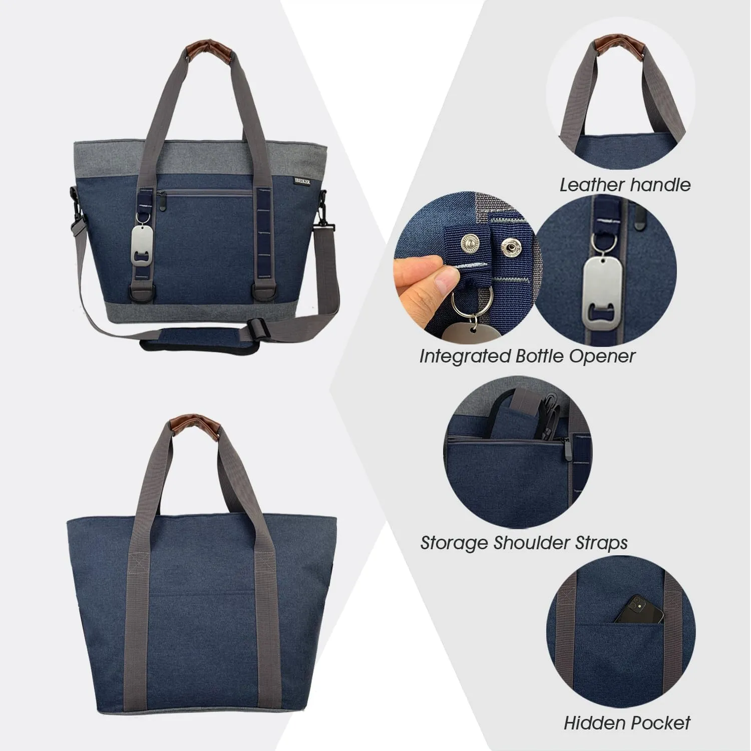 Insulated Cooler Bag, Large Insulated Bag, Reusable Shopping Bags, Leakproof Soft Cooler with BagsBottle Opener, Suitable for Supermarket Shopping, Travel,Beach,Family Picnic,Camping