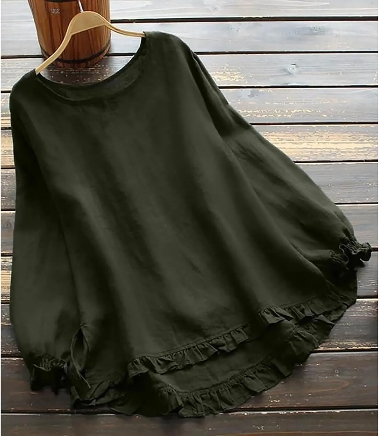 Janepam Women Cotton Linen Top Long Sleeve Solid Plain/Graphic Embroidery Lace Loose Blouse