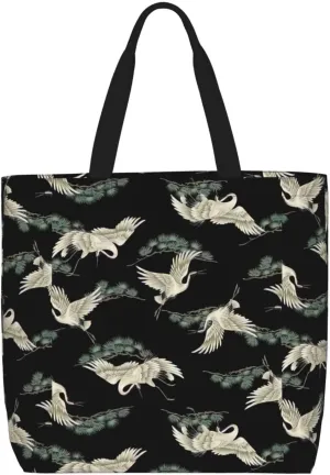 Japanese Crane & Pine Duty Reusable Shopping One-Shoulder Bags â€“ Large Tote Bags Are Foldable