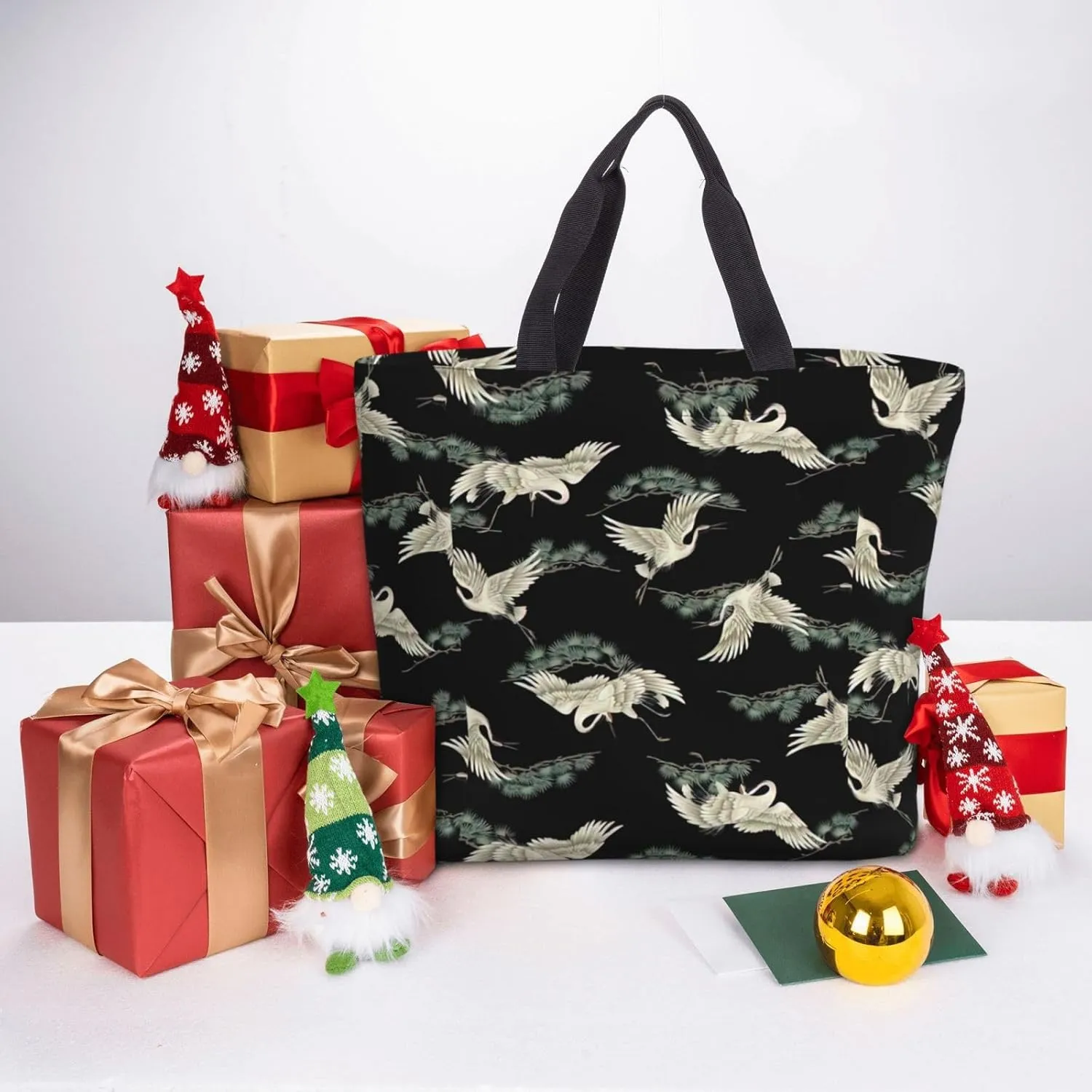 Japanese Crane & Pine Duty Reusable Shopping One-Shoulder Bags â€“ Large Tote Bags Are Foldable