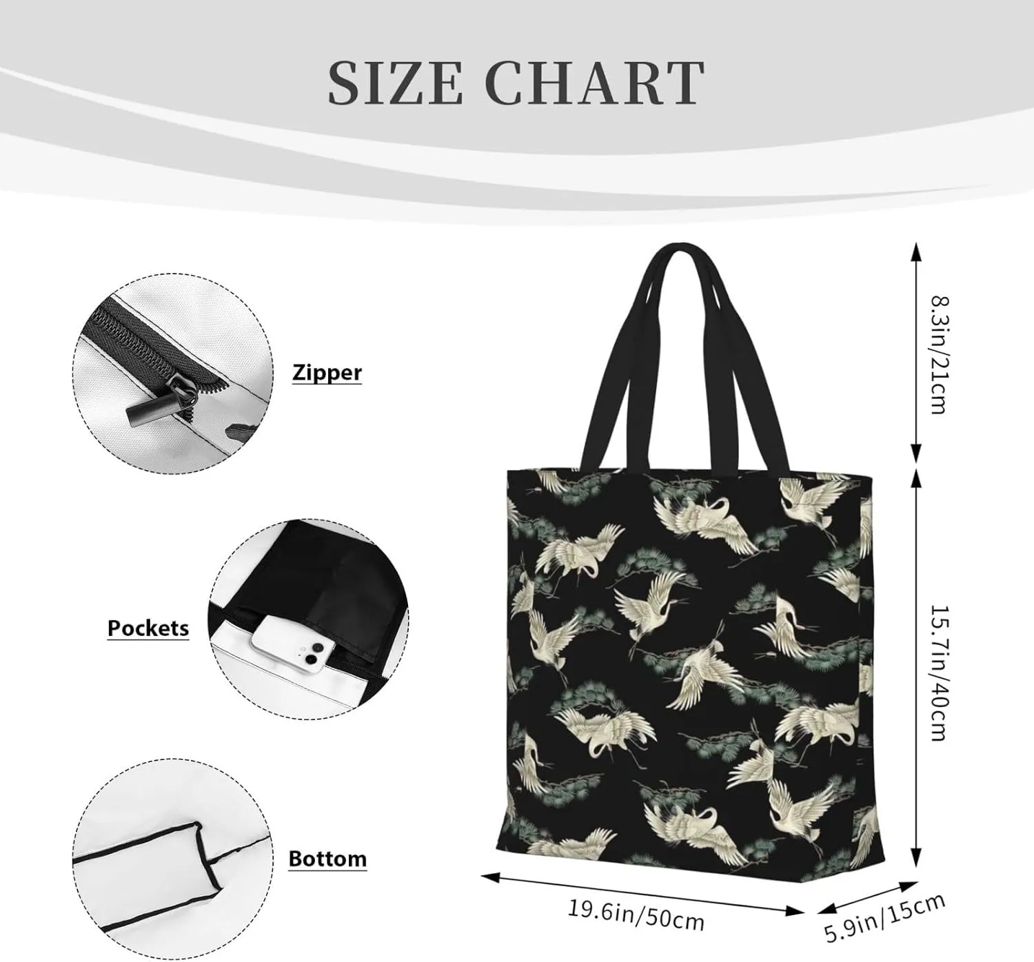 Japanese Crane & Pine Duty Reusable Shopping One-Shoulder Bags â€“ Large Tote Bags Are Foldable