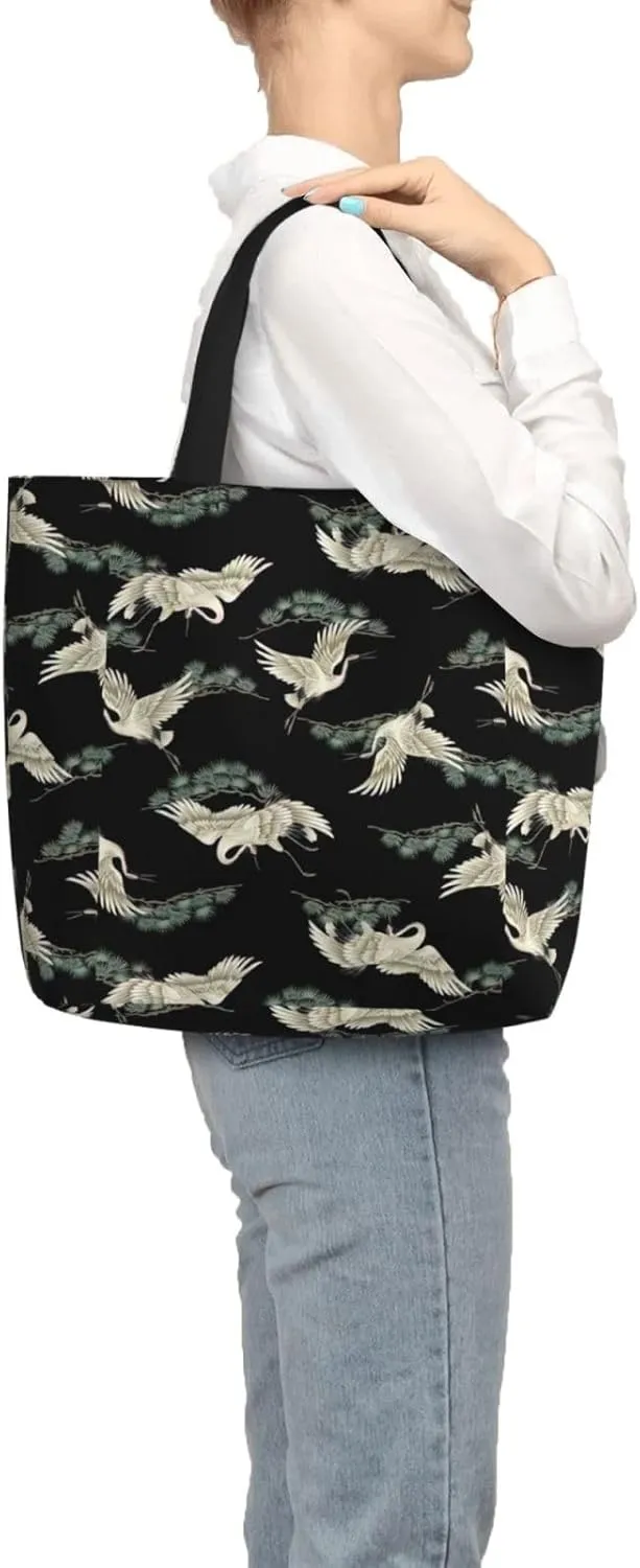 Japanese Crane & Pine Duty Reusable Shopping One-Shoulder Bags â€“ Large Tote Bags Are Foldable