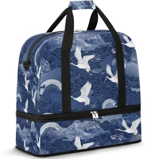 Japanese Crane Foldable Travel Duffel Bag Overnight Weekender Bags with Shoes Compartment Sports Gym Bags for Men Women