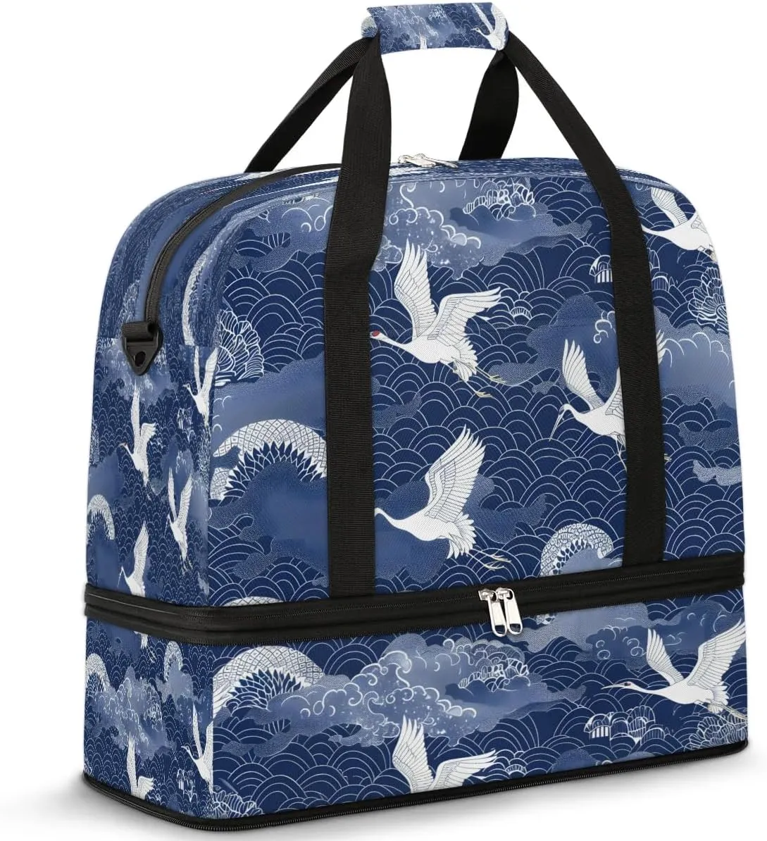 Japanese Crane Foldable Travel Duffel Bag Overnight Weekender Bags with Shoes Compartment Sports Gym Bags for Men Women