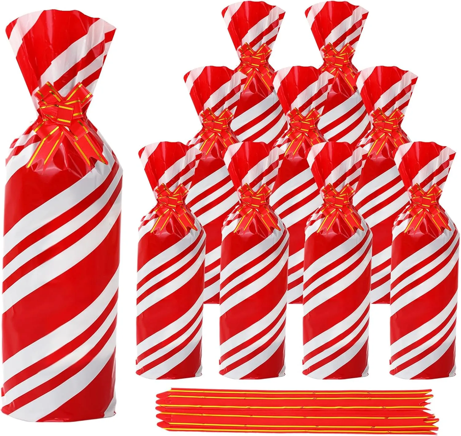 JarThenaAMCS 100Pcs Christmas Wine Bottle Gift Bag with Pull Bow Red White Stripe Wine Cellophane Bag Xmas Winter Wine Wrap Bag Cover for Party Home Table Decor