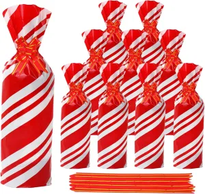 JarThenaAMCS 100Pcs Christmas Wine Bottle Gift Bag with Pull Bow Red White Stripe Wine Cellophane Bag Xmas Winter Wine Wrap Bag Cover for Party Home Table Decor