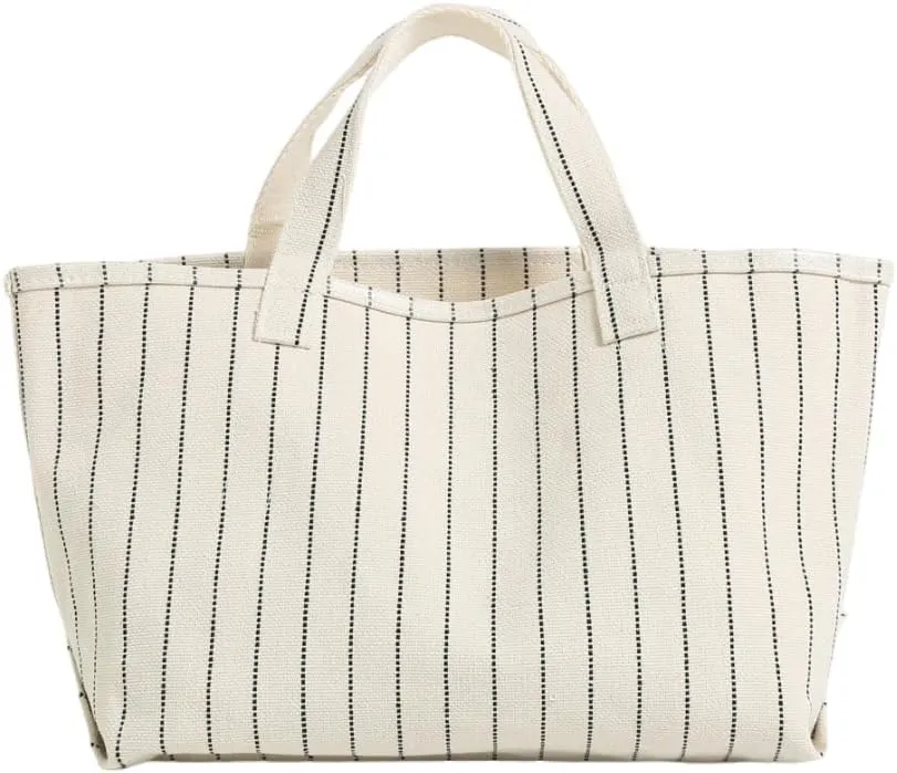 Jeelow Canvas Tote Bag for Women Striped Handbag Cotton Casual Lightweight Portable Shopping Bag with Inner Pocket (Black Stripe)