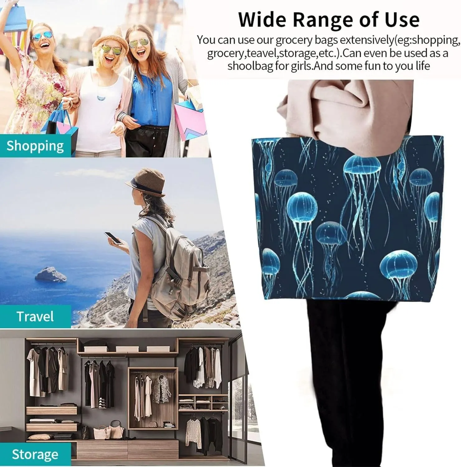 Jellyfish Canvas Tote Bag Cute Shoulder Bag Handbag Animal Casual Grocery Bags Funny Bag for Outdoor