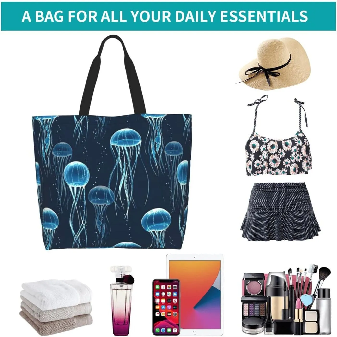 Jellyfish Canvas Tote Bag Cute Shoulder Bag Handbag Animal Casual Grocery Bags Funny Bag for Outdoor