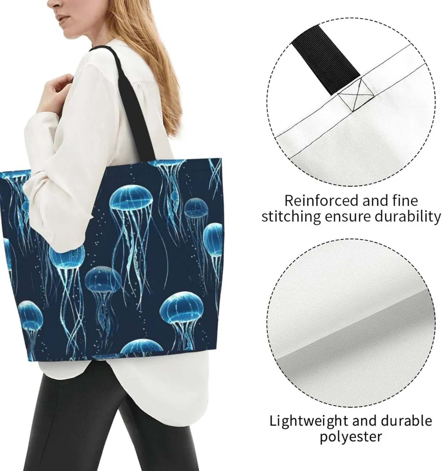 Jellyfish Canvas Tote Bag Cute Shoulder Bag Handbag Animal Casual Grocery Bags Funny Bag for Outdoor