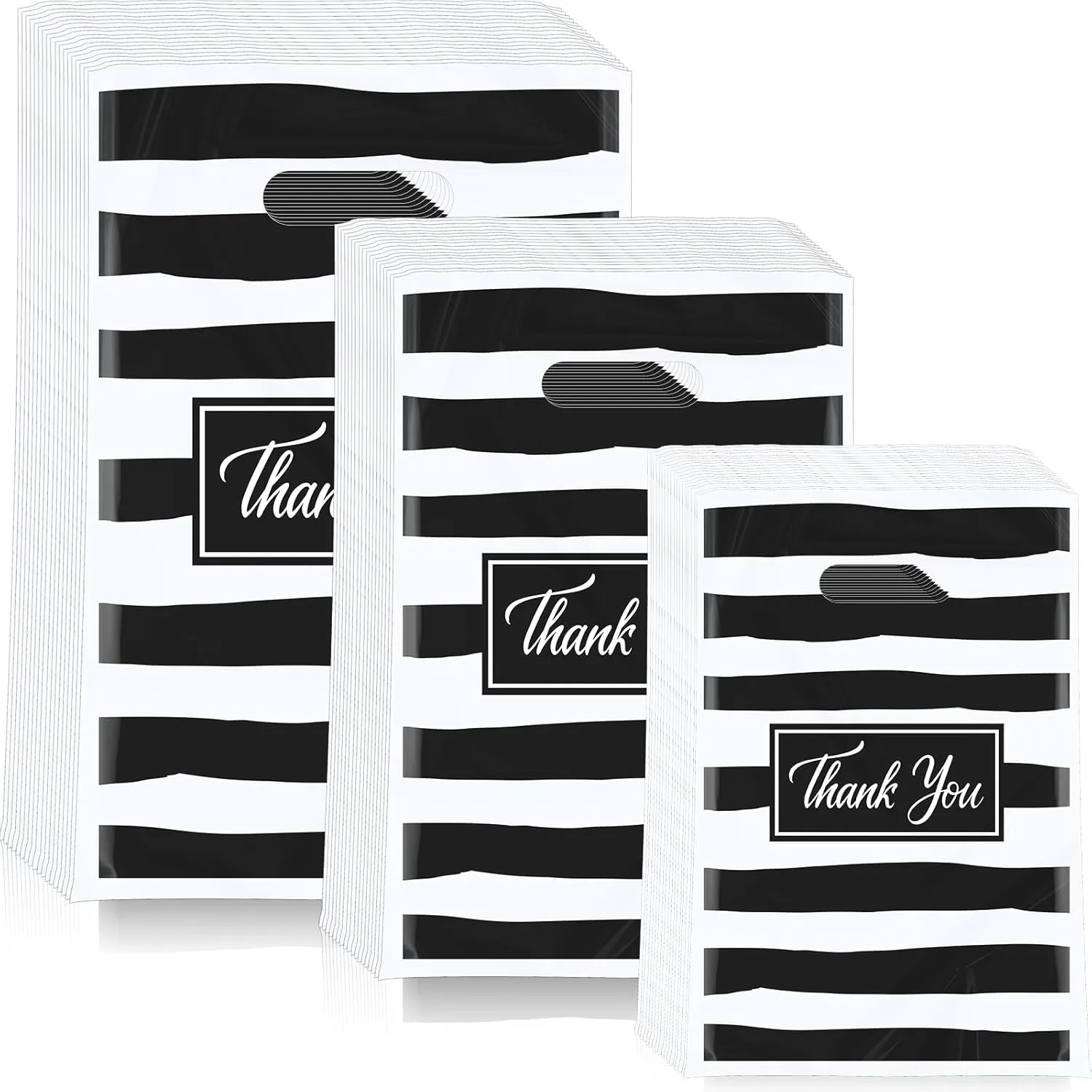 Jeyiour 300 Pcs Thank You Merchandise Bags with Handles Die Cut Plastic Shopping Bags Thank You Gift Boutique Goodie Sacks for Party Stores, 3 Sizes(Stripe)