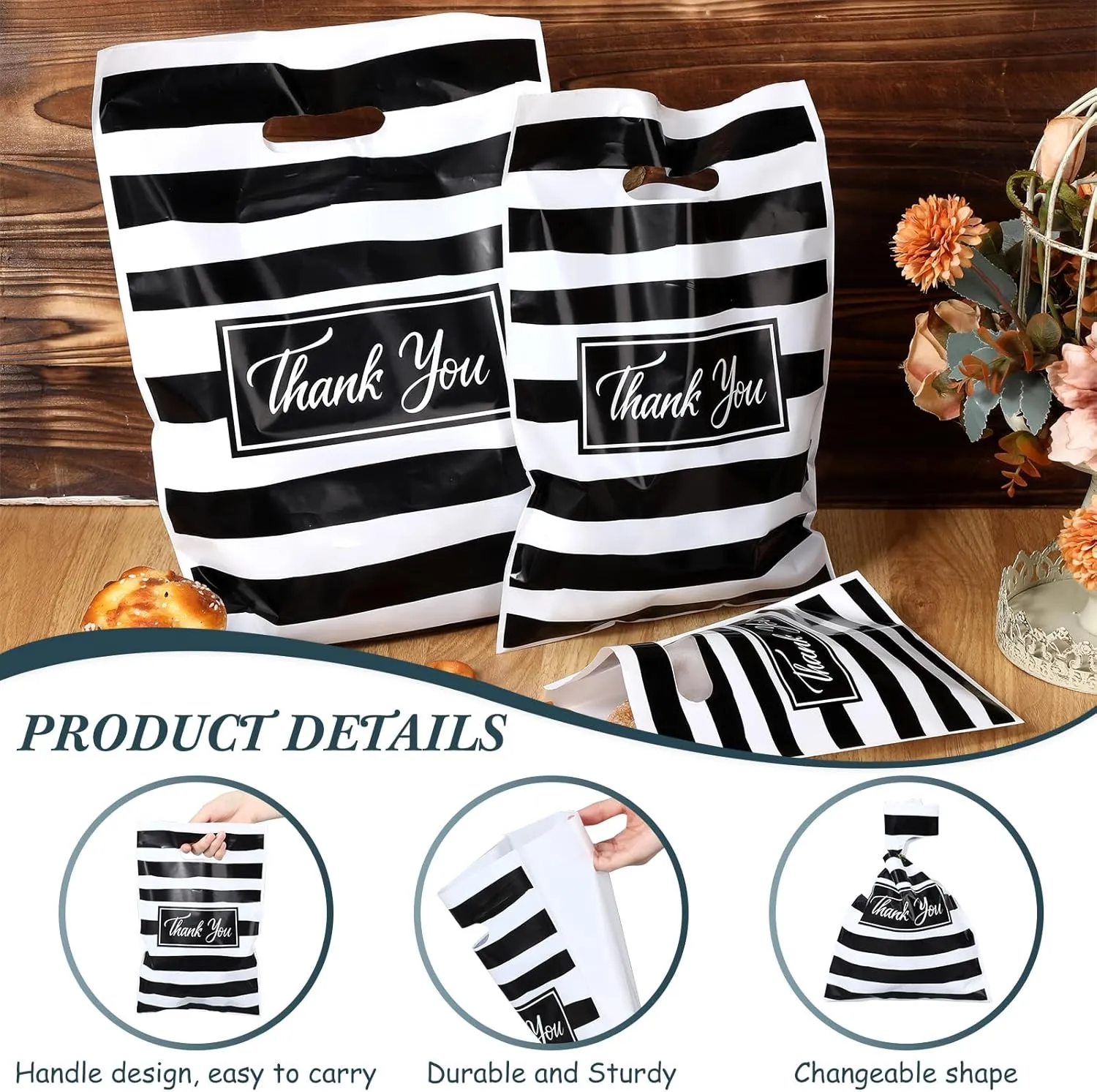 Jeyiour 300 Pcs Thank You Merchandise Bags with Handles Die Cut Plastic Shopping Bags Thank You Gift Boutique Goodie Sacks for Party Stores, 3 Sizes(Stripe)