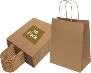Joybe 50 Pack 8x4.75x10 Inch Medium Brown Paper Bags with Handles Bulk, Kraft Paper Gift Bags for Birthday Party Favors Grocery Retail Shopping Business Goody Craft Blank Sacks (Plain Natural, 50pcs)