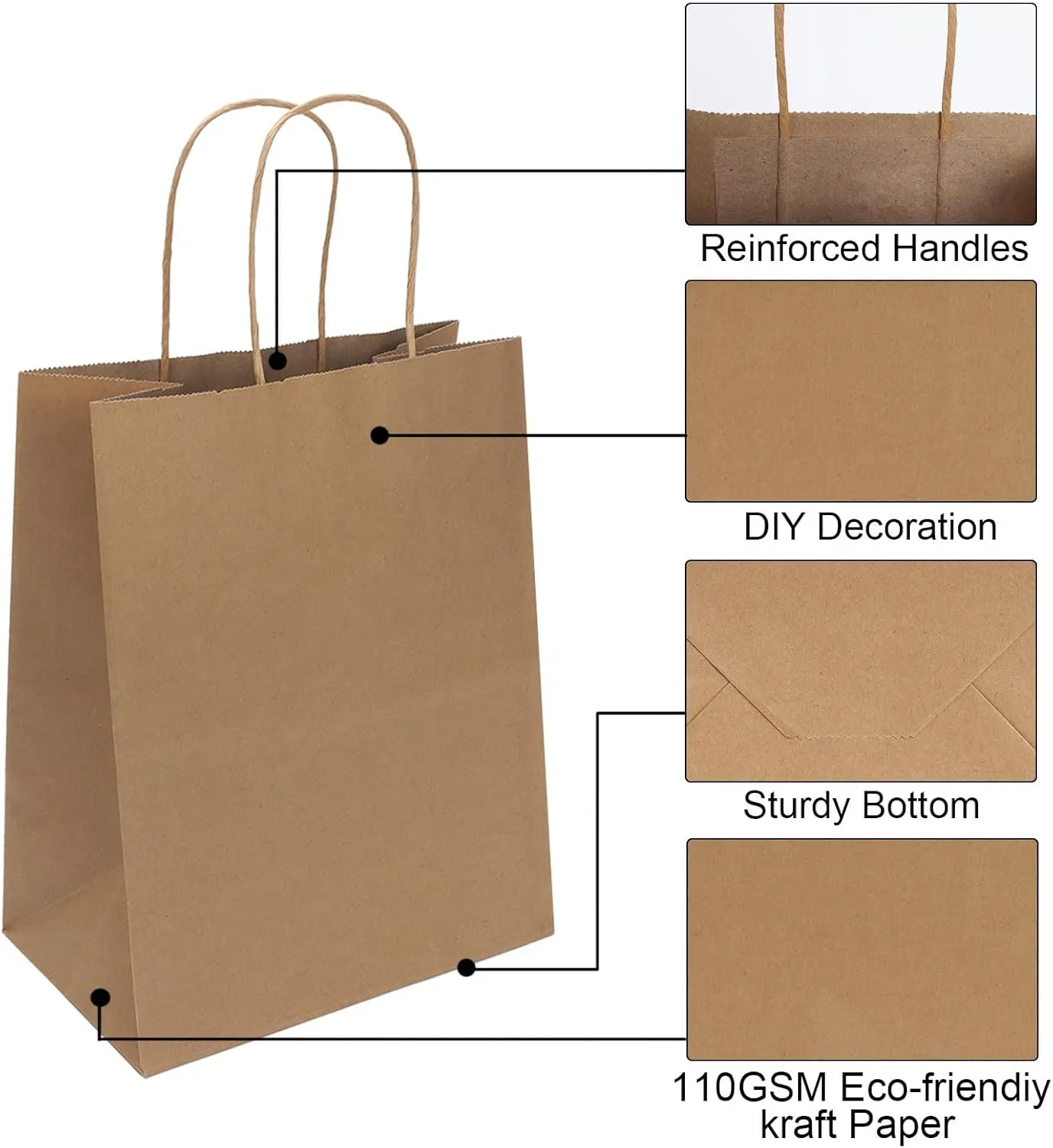Joybe 50 Pack 8x4.75x10 Inch Medium Brown Paper Bags with Handles Bulk, Kraft Paper Gift Bags for Birthday Party Favors Grocery Retail Shopping Business Goody Craft Blank Sacks (Plain Natural, 50pcs)