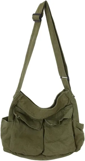 JQWSVE Canvas Messenger Bag Large Hobo Crossbody Bag with Multiple Pockets Canvas Shoulder Tote Bag for Women and Men