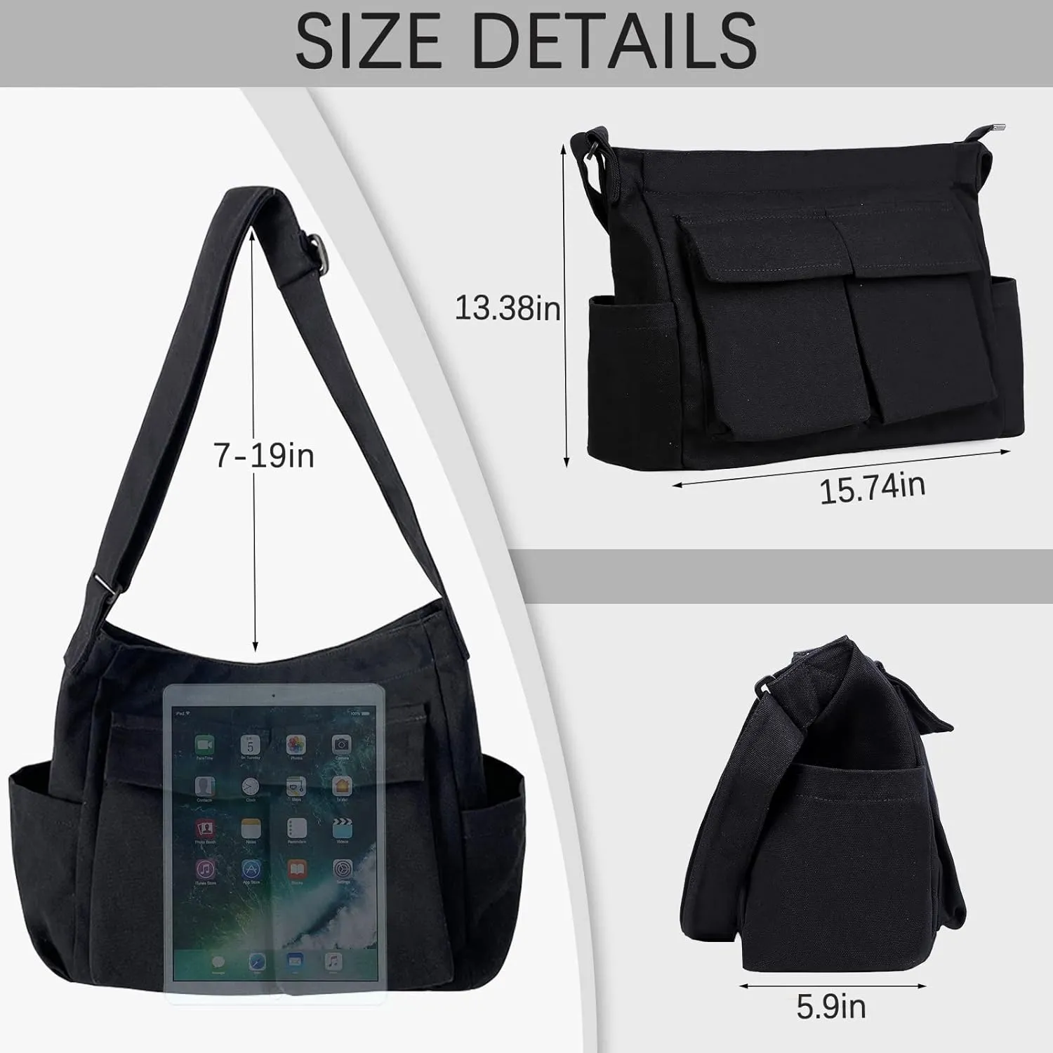 JQWSVE Canvas Messenger Bag Large Hobo Crossbody Bag with Multiple Pockets Canvas Shoulder Tote Bag for Women and Men