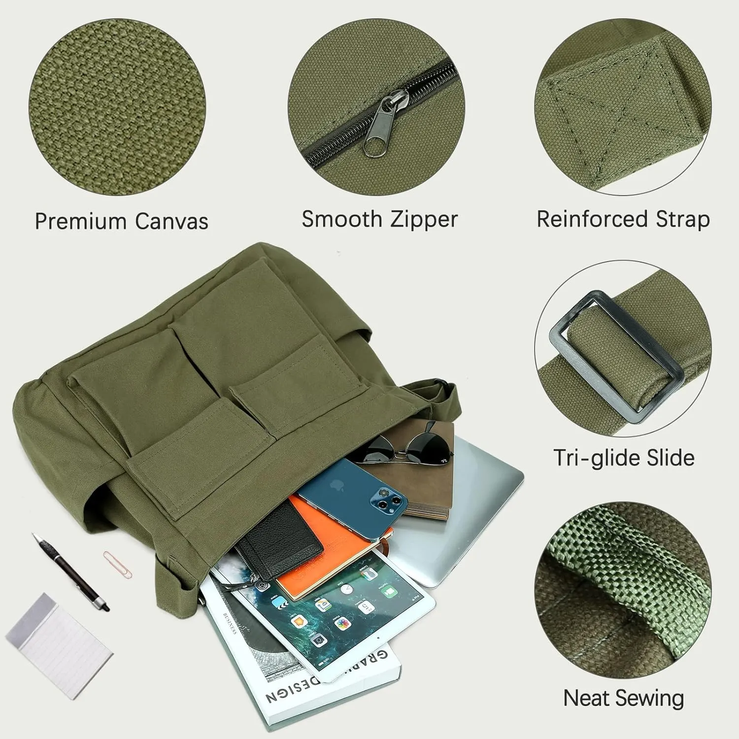 JQWSVE Canvas Messenger Bag Large Hobo Crossbody Bag with Multiple Pockets Canvas Shoulder Tote Bag for Women and Men