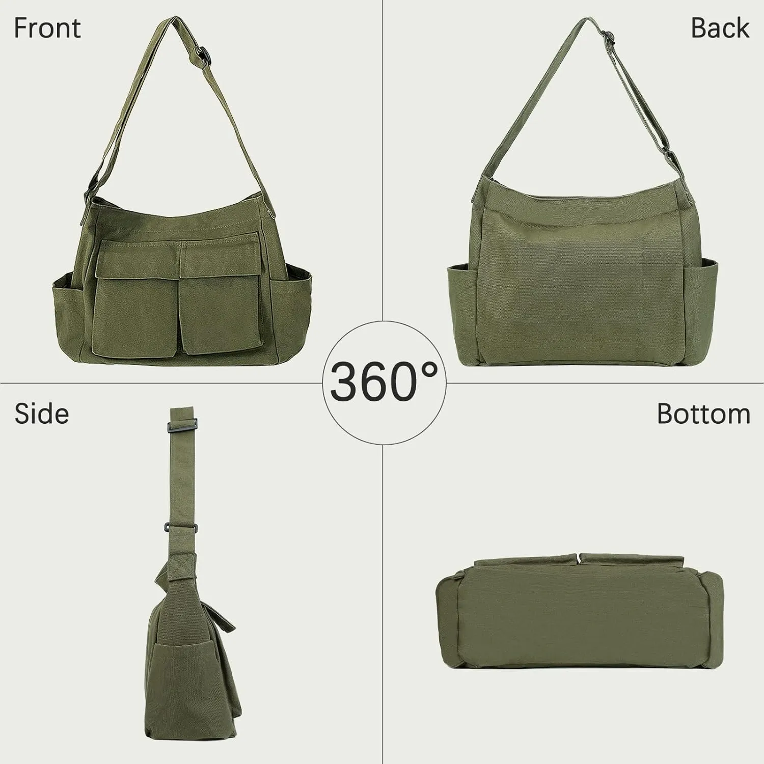 JQWSVE Canvas Messenger Bag Large Hobo Crossbody Bag with Multiple Pockets Canvas Shoulder Tote Bag for Women and Men