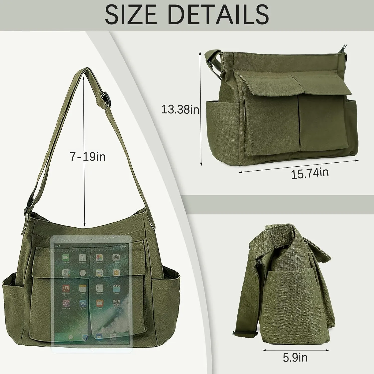 JQWSVE Canvas Messenger Bag Large Hobo Crossbody Bag with Multiple Pockets Canvas Shoulder Tote Bag for Women and Men