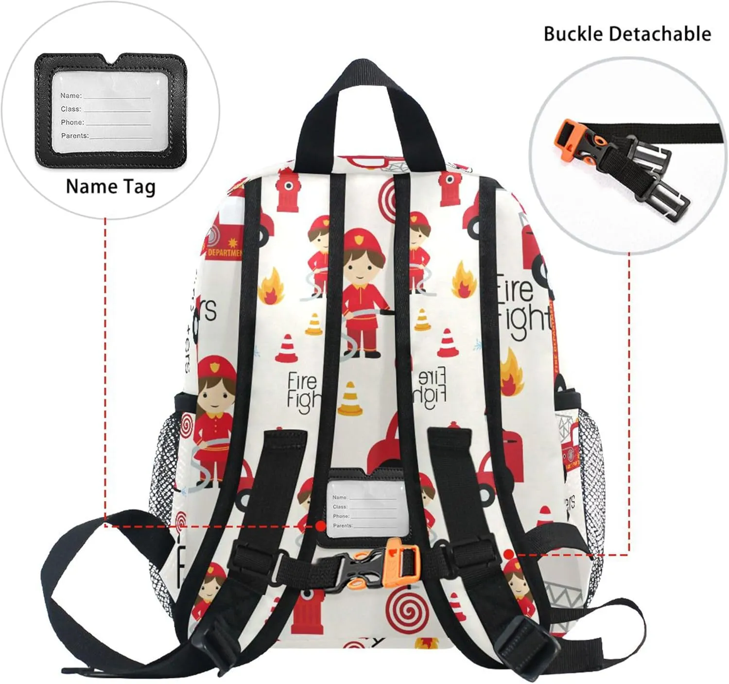 JUNZAN Cartoon Cute Firefighters Fireman Kids Backpacks Bottle Pockets Bookbag Childrens Kids Camping